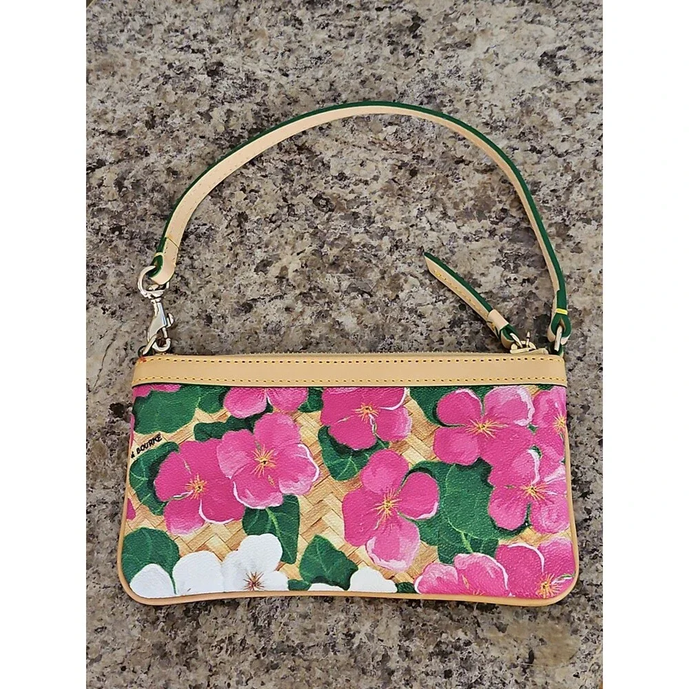 Dooney & Bourke Pink And White Tropical Pansies & Hibiscus Basketweave Wristlet